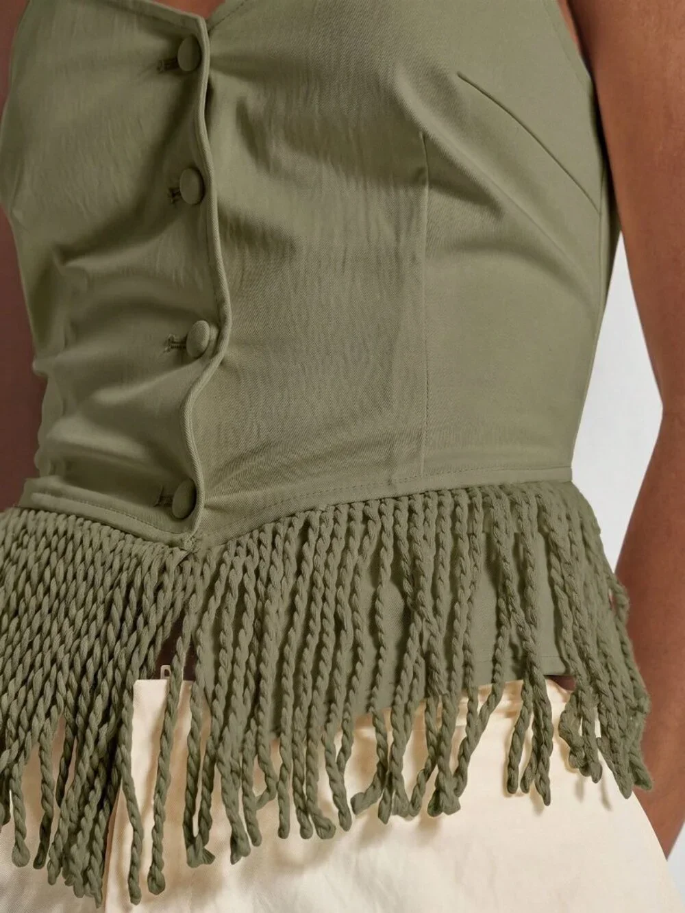 Casual Women's V Neck Button Detail Fringed Tassle Hem Top